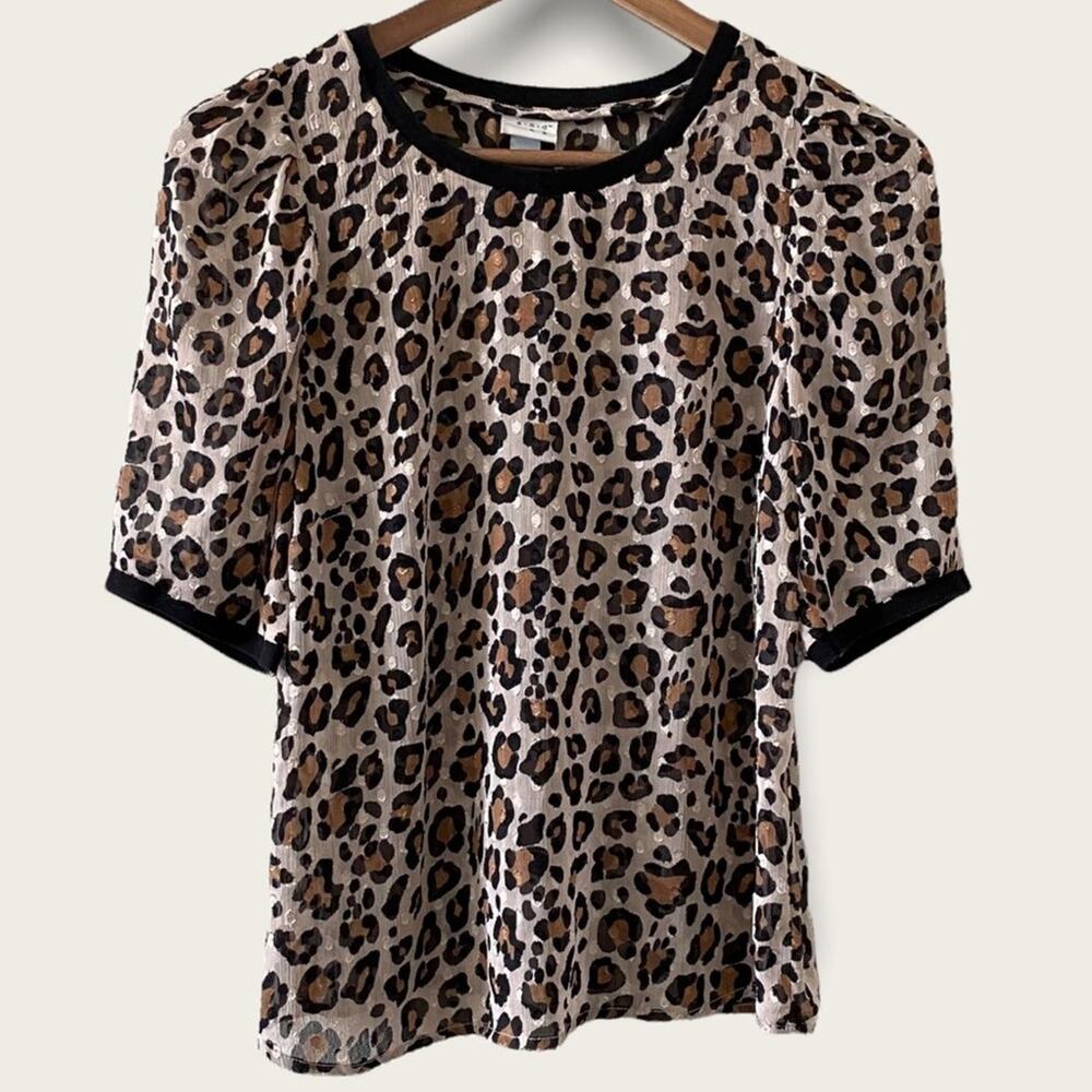 A NEW DAY Animal Print Semi-Sheer Puff Sleeve Blouse Size XS Textured